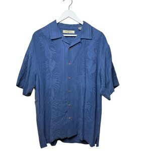Tommy Bahama Silk Shirt Men L Blue Shirt Sleeve Tropical Hawaiian Coastal Travel